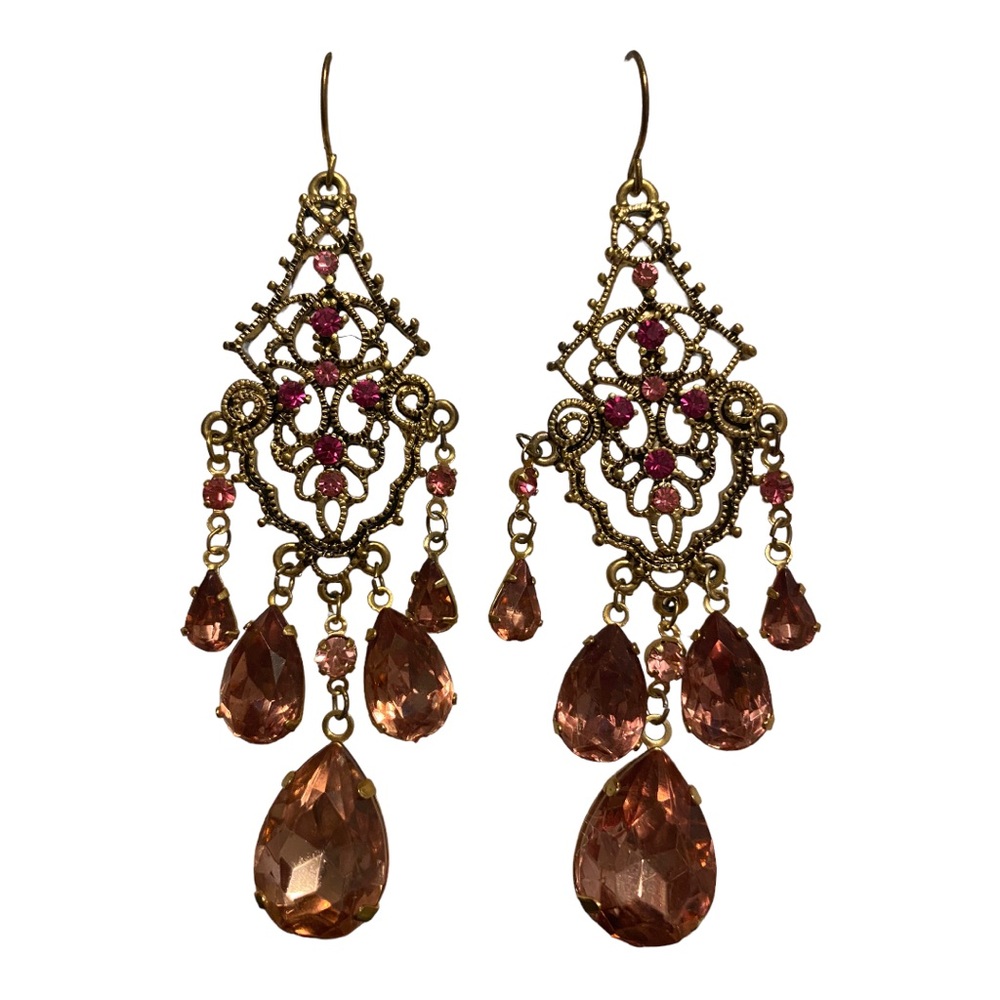 Gold Filigree Chandelier Earrings w/Pink Gems - Picture 5 of 5